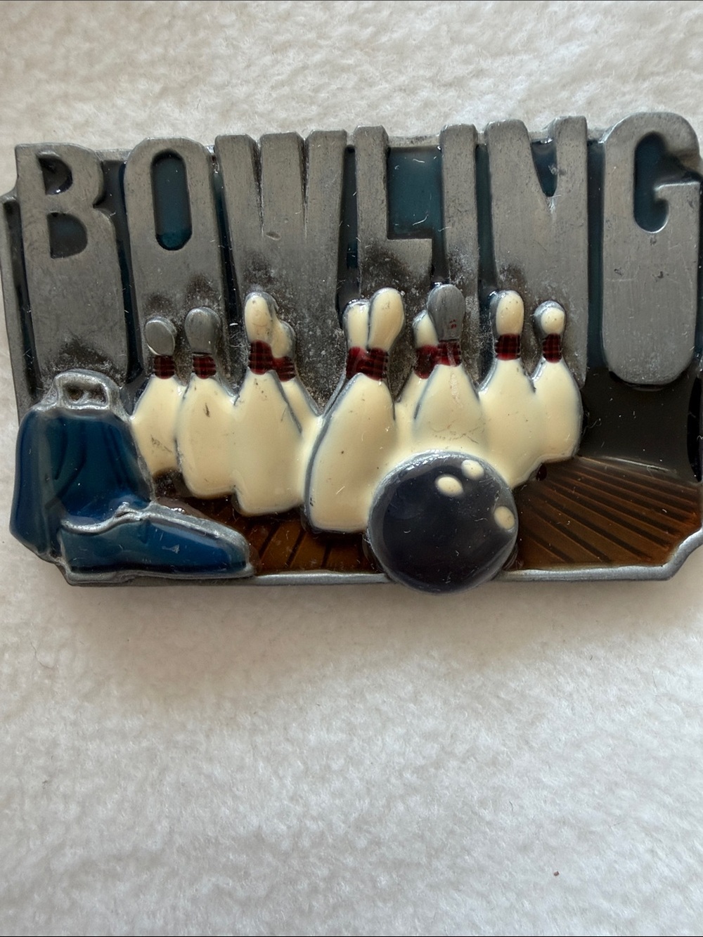 Vintage Bowling Pin and Ball Enamel Metal Belt Buckle Retro Sport